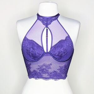 NWT Victoria's Secret High Neck Lace‎ Mesh Corset Top Purple Small